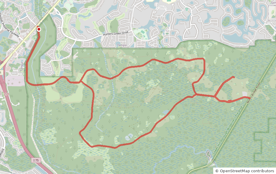 Map of the Flatwoods Park ride, entrance trail and loop