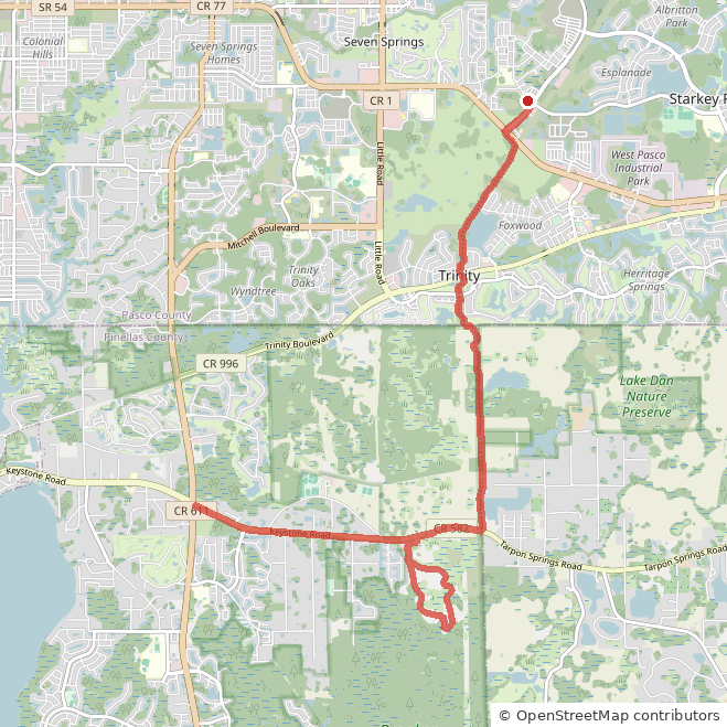 Map of the Starkey Gap Trail ride with the Brooker Creek Preserve detour