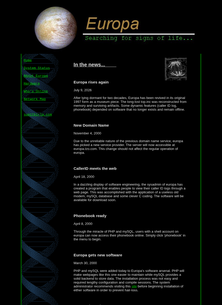 Europa, my first self-hosted website, 1997–2000 — revived in 2026