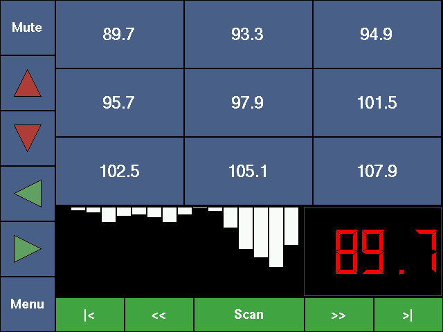 Radio screen with nine station presets, signal meter and frequency readout